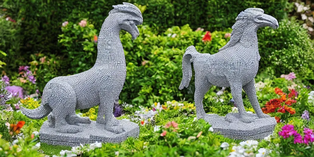 Prompt: extremely detailed pebble mosaic statue, of a griffin, in an english cottage style flower garden