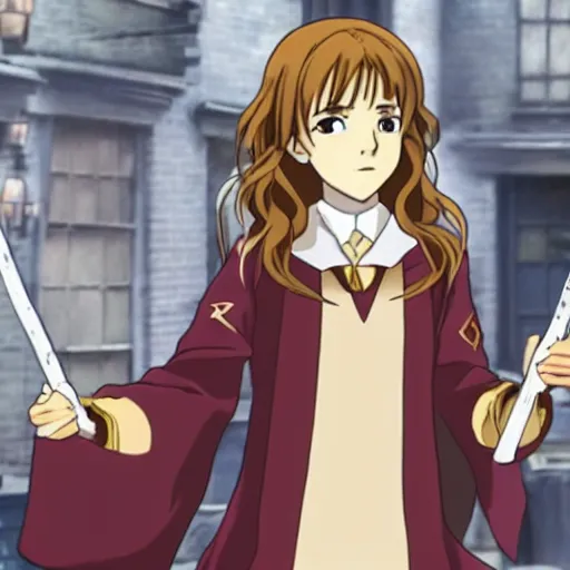 Prompt: emma watson as hermione granger as an anime character, holding a wand, standing in anime diagon alley