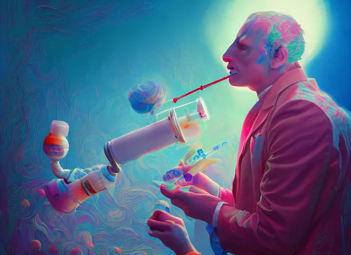 Prompt: A psychedelic portrait of crazy doctor with giant syringe hunting a small white rabbit puffball, vibrant color scheme, highly detailed, in the style of romanticism, cinematic, artstation, Moebius, Greg rutkowski