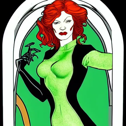 Prompt: <https://s.mj.run/MAM_1SzRI5U> redhead woman, art nouveau, villian, green