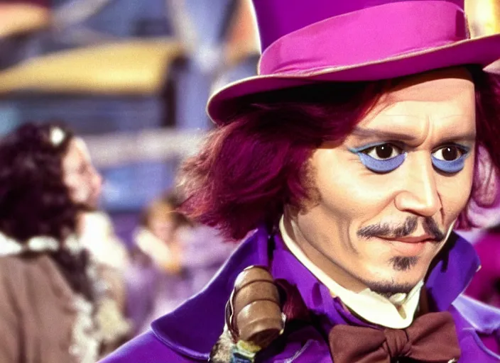 Prompt: film still of Johnny Depp as Willy Wonka in Willy Wonka and the Chocolate Factory 1971