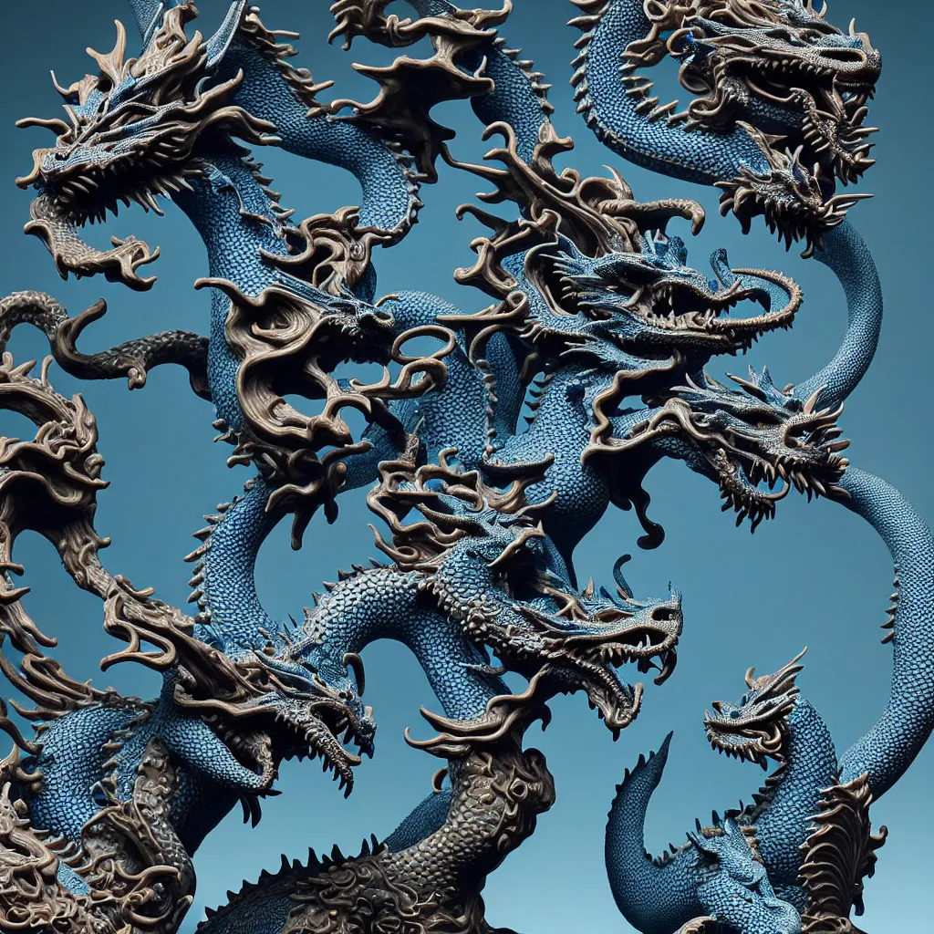 Image similar to a closeup photo - real delicate ceramic porcelain sculpture of an ornate detailed dragons fighting in front of a intricate background by victo ngai and takato yamamoto, micro detail, backlit lighting, subsurface scattering, translucent, thin porcelain, octane renderer, black and neon blue, physically based rendering, japanese pottery, trending on cgsociety