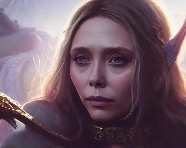 Image similar to a gaming screenshot still portrait of elizabeth olsen in final fantasy, deep focus, d & d, fantasy, intricate, elegant, highly detailed, digital painting, artstation, concept art, matte, sharp focus, illustration, dark fantasy style art, hearthstone, art by artgerm and greg rutkowski and alphonse mucha