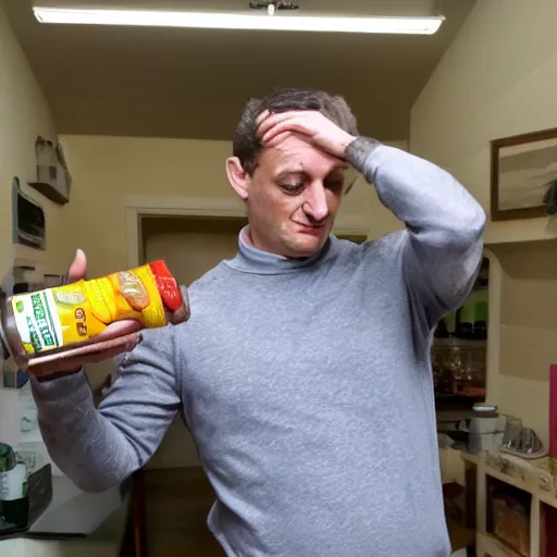 Image similar to Tim Robinson struggling to open a jar of pickles