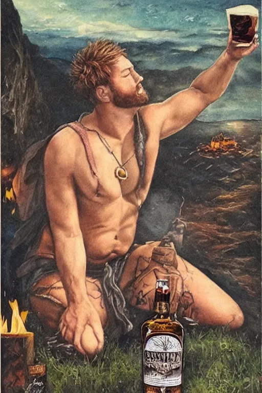 Prompt: a dramatic, epic, ethereal painting of a !!handsome!! thicc beefy mischievous shirtless !!cowboy!! with a beer belly wearing a large belt and bandana offering a whiskey bottle | he is relaxing by a campfire | background is a late night with food and jugs of whisky | homoerotic | stars, tarot card, art deco, art nouveau, intricate | by Mark Maggiori (((and Alphonse Mucha))) | trending on artstation