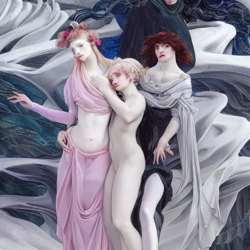 Prompt: 3 Figures as Winter Spirits, style is a blend of Æon Flux, Botticelli, and John Singer Sargent, inspired by pre-raphaelite paintings, shoujo manga, and Harajuku street fashion, moody frigid landscape, dark and muted colors, somber, hyper detailed, super fine inking lines, 4K extremely photorealistic, Arnold render