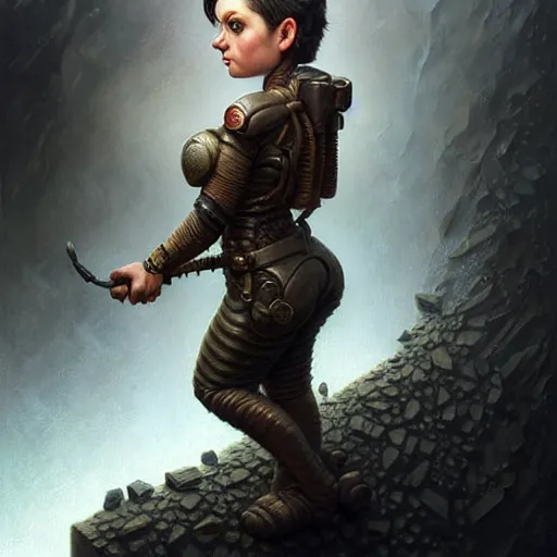 Image similar to portrait of a beautiful cute strong charming realistic female gnome engineer, short pixie undercut black hair, d & d, micro detail, intricate, elegant, highly detailed, centered, rule of thirds, artstation, sharp focus, illustration, artgerm, tomasz alen kopera, donato giancola, wlop