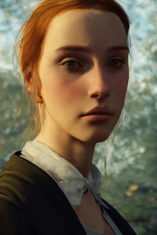 Image similar to beautiful portrait of a photo model, Portrait, Golden Hour, Rays of Shimmering Light, Natural Lighting, Artstation, by Caspar David Friedrich, by Pre-Raphaelite Brotherhood, Unreal Engine