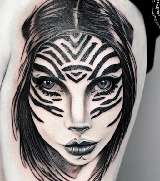 Image similar to tattoo design of a beautiful girl warrior under a tiger head, hyper realistic, realism tattoo, by eliot kohek, beautiful eyes, realistic face, black and white, white background