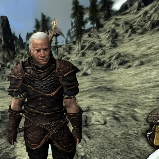 Prompt: joe biden tame a dragon in skyrim world. 8 k, hd, detailed.