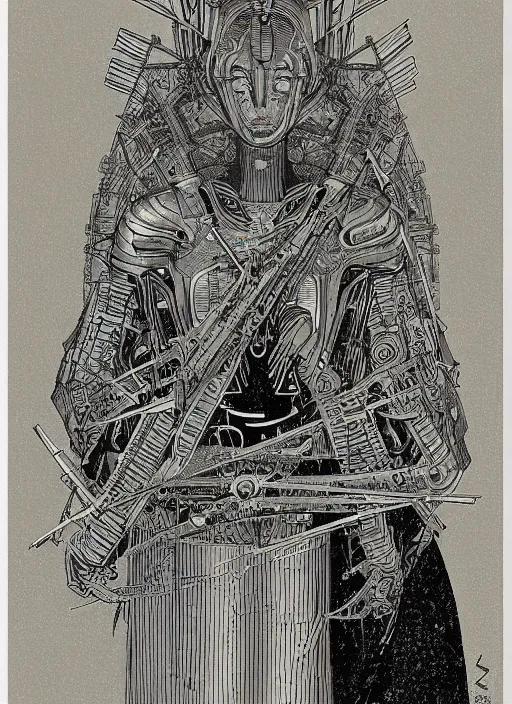 Image similar to 2 d illustration, grained risograph, vintage horror sci - fi portrait of a futuristic silver armored geisha district 9 cyborg, parallax, fractal, intricate, elegant, highly detailed, by jheronimus bosch and moebius louis jacques mande daguerre and szukalski