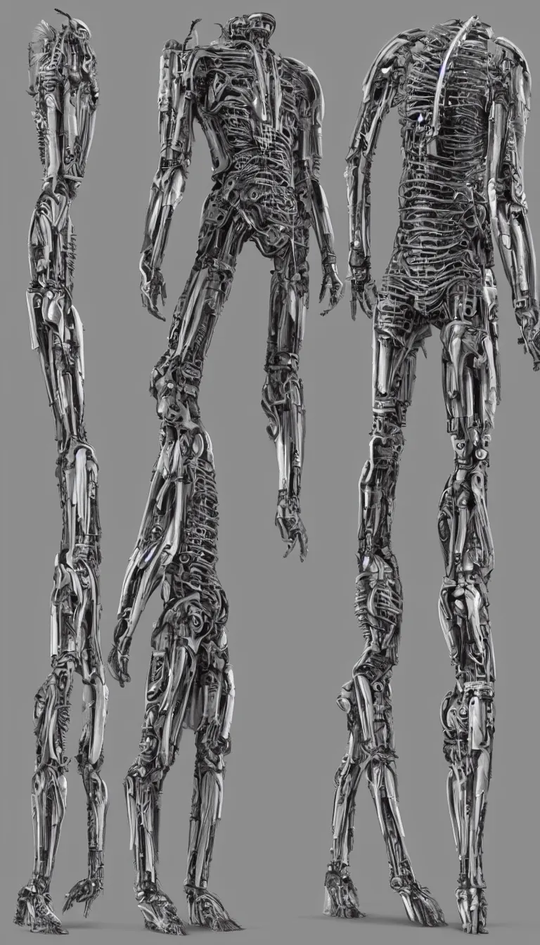 Prompt: full body full height, elegant h. r. giger cyborg, default pose. super high resolution photo. symmetrical. orthographic engineering. front view.