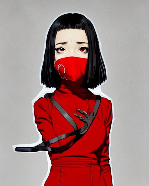 Image similar to black haired girl wearing a surgical mask and red dress | | audrey plaza, warframe armor, fine detail!! anime!! realistic shaded lighting!! poster by ilya kuvshinov katsuhiro otomo ghost - in - the - shell, magali villeneuve, artgerm, jeremy lipkin and michael garmash and rob rey