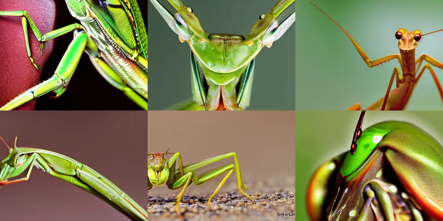 Prompt: alien in the form of a praying mantis, head, closeup, large, macro
