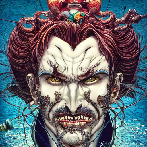 Prompt: portrait of crazy captain hook, symmetrical, hyper detailed, by yoichi hatakenaka, masamune shirow, josan gonzales and dan mumford, ayami kojima, takato yamamoto, barclay shaw, karol bak, yukito kishiro