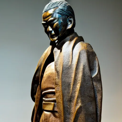 Prompt: close up shot of an old bronze patina statue of kitano takeshi in a museum