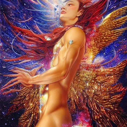 Image similar to full muscular body made of gems with golden feathers ,thunder, shining light, nebulas, god rays by Karol Bak, Ayami Kojima, Amano