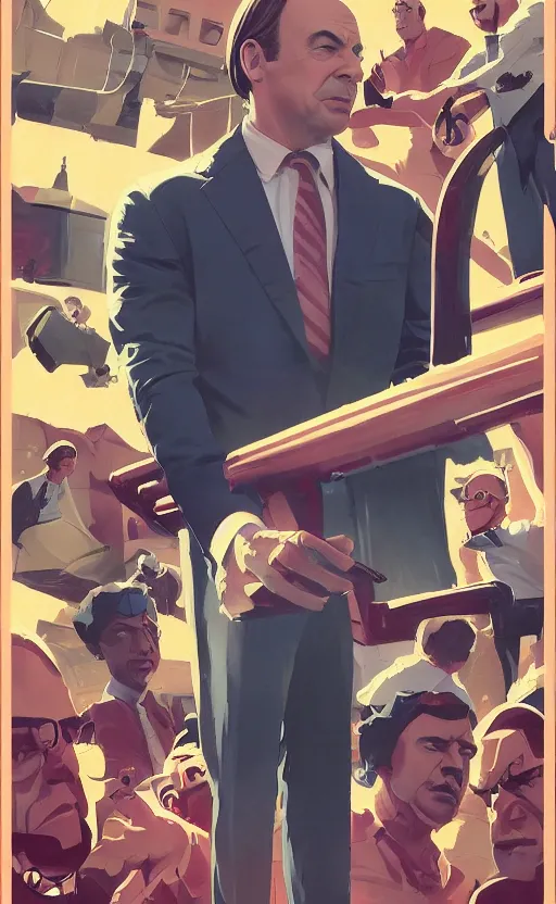 Prompt: saul goodman, poster of better call saul, perfect pose, vintage, matte painting, illustration,, by rhads, by greg rutkowski, by greg tocchini, by james gilleard, by joe fenton