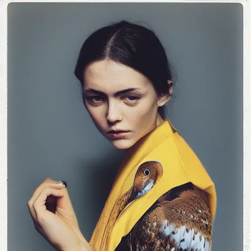 Prompt: head to shoulder portrait Polaroid film photograph of an elegant top model wearing a yellow kimono with a very detailed barn owl on her shoulder!!! in opera . looking at the camera!!. super resolution. Polaroid 600 film. art by Alessio albi and john william waterhouse.