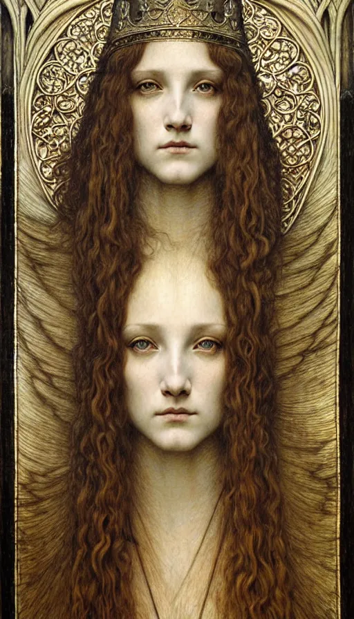 Image similar to detailed realistic beautiful young medieval queen face portrait by jean delville, gustave dore and marco mazzoni, art nouveau, symbolist, visionary, gothic, pre - raphaelite. horizontal symmetry