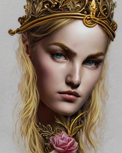 Image similar to front view of beautiful aphrodite greek goddess wearing a gold laurel wreath and triangle earrings, hyper - realistic tattoo sketch, beautiful piercing eyes with sharp pupils, beautiful blonde hair, in the style of greg rutkowski, fantasy, amazing detail, epic, elegant, smooth, sharp focus