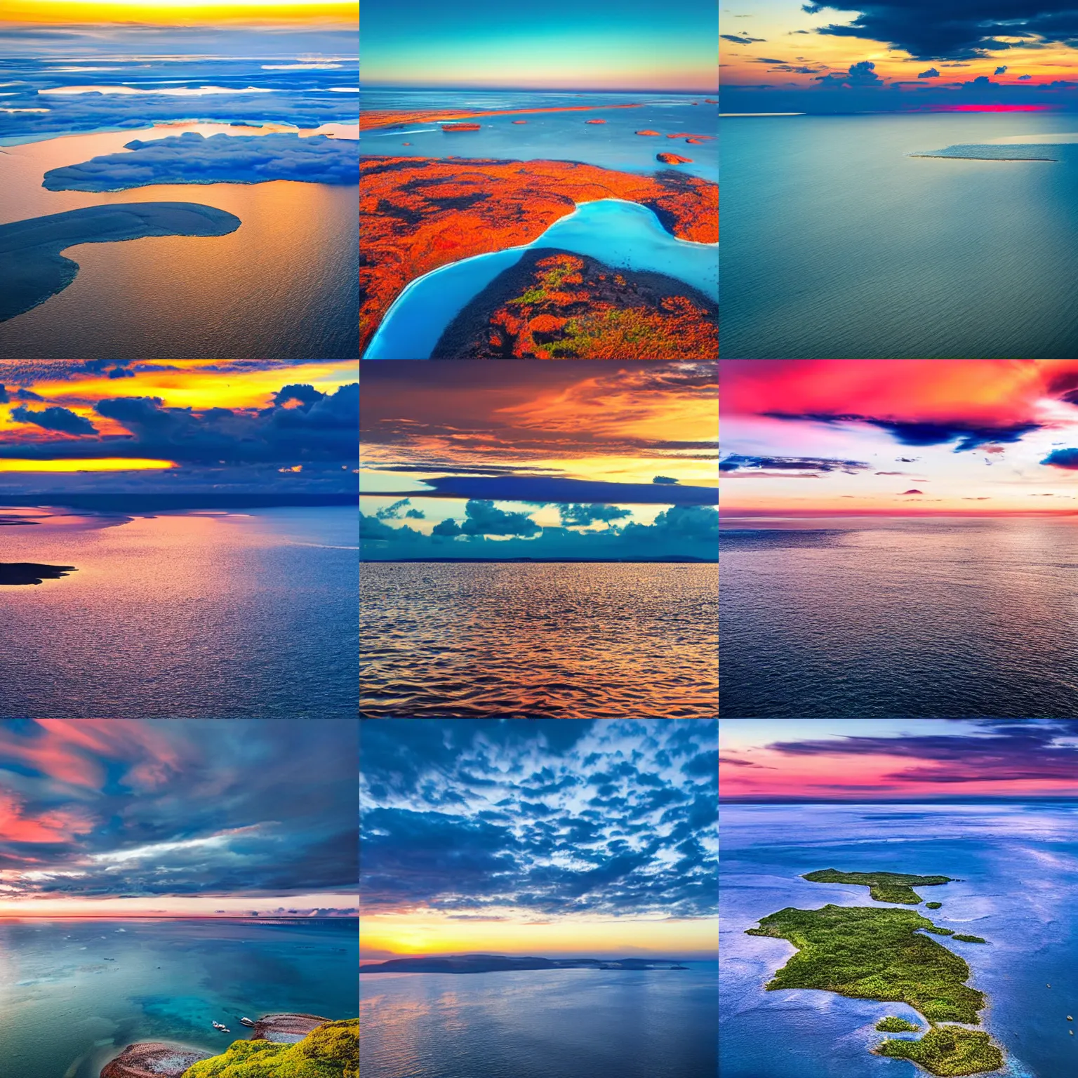 Prompt: archipelago and delta with blue sea and sunset, islands on the horizon, breathtaking clouds, intricate detail, 8k, beautiful atmosphere, vibrant colors