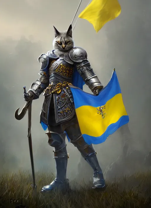 Image similar to An epic fantasy painting of a cat knight with Ukrainian blue and yellow flag, unreal engine, DAZ, hyperrealistic, octane render, cosplay, RPG portrait, dynamic lighting, trending on ArtStation