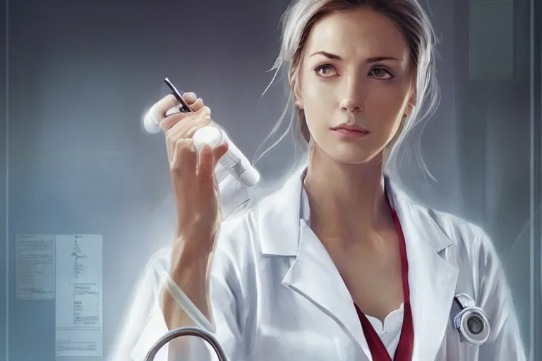 Prompt: a poster of an elegant and beautiful female doctor in a white coat in a hospital ward, cinematic, highly detailed, digital painting, artstation, concept art, matte, sharp focus, illustration, art by artgerm and greg rutkowski