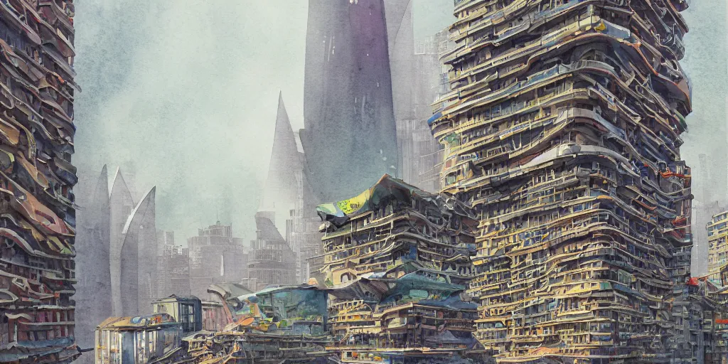 Image similar to shanghai buildings, stylized, exterior, architecture, in watercolor gouache detailed paintings, insanely detail, artstation, 8 k, futuristic, big medium small, arcane, simon stalenhag, food stall, interesting shapes & form, golden ratio, megastructures, vitaly bulgarov, mall