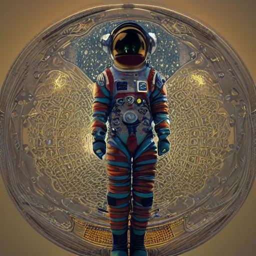 Image similar to A photo-real delicate sculpture of an ornate detailed astronaut in front of an intricate background by AJ Fosik, micro detail, backlit lighting, octane renderer, colourful, physically based rendering, tribal art, trending on cgsociety