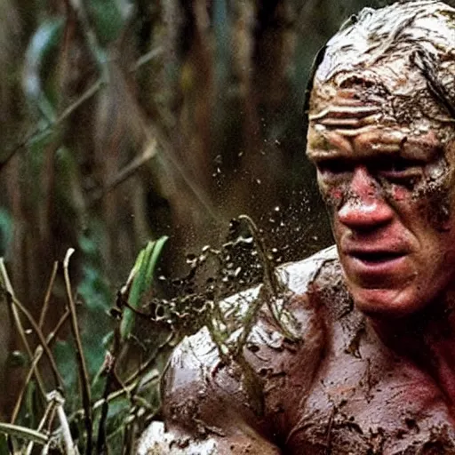 Image similar to film still of john cena as major dutch, covered in mud and hiding, predator!!!!!!!! looks for him in swamp scene in 1 9 8 7 movie predator, hd, 8 k