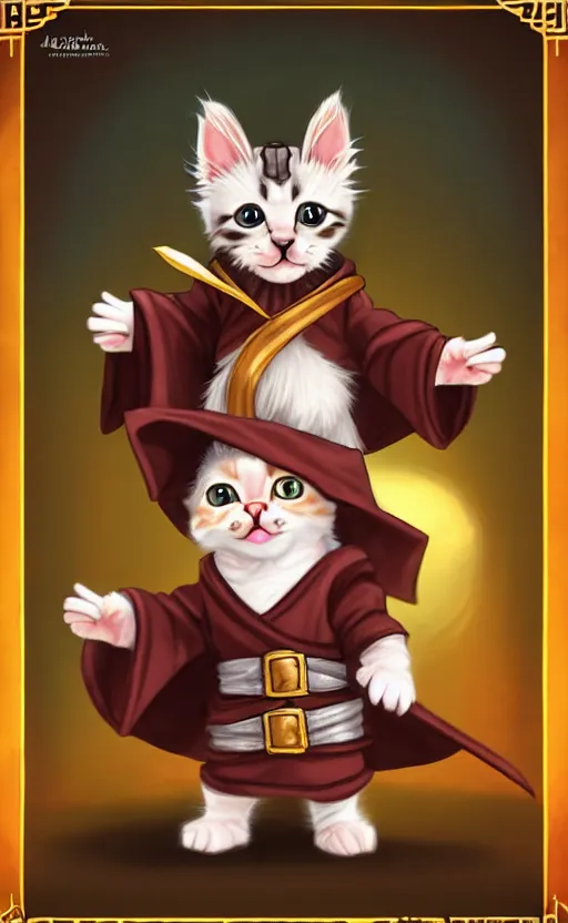 Image similar to a kitten wearing wizard robes and wizard hat, dungeons and dragons character art, dnd, character reveal, magic, posing, noble, full body portrait, high resolution, detailed, inspiring, award - winning, clear, crisp, sharp