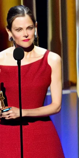 Image similar to an actress giving academy awards acceptance speech in the spotlight on the stage