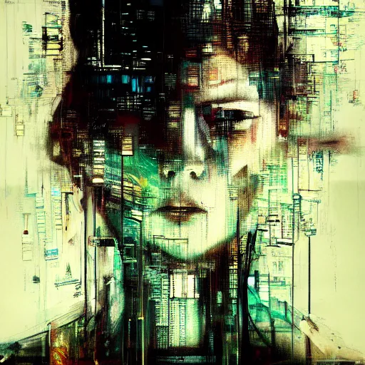 Image similar to portrait of a cyberpunk, wires, machines, in a dark future city by jeremy mann, francis bacon and agnes cecile, ink drips, paint smears, digital glitches glitchart c - 1 0