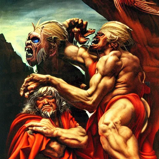 Image similar to unhinged revenge of the fierce but aesthetic Chaldean terror by Jeff Easley and Michelangelo, fantastic reality, detailed and beautiful faces, dramatic lighting, establishing shot, 8k resolution – W 1024