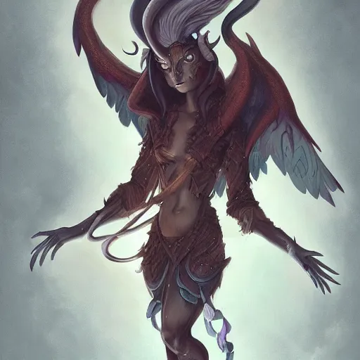 Prompt: detailed illustration of a fallen angel tiefling mythical creature by peter mohrbacher trending on artstation, highly detailed illustration