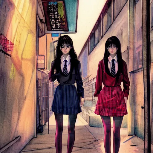 Image similar to a perfect, realistic professional digital sketch of a Japanese schoolgirls posing in a synthwave alleyway, style of Marvel, full length, by pen and watercolor, by a professional American senior artist on ArtStation, a high-quality hollywood-style sketch, on high-quality paper