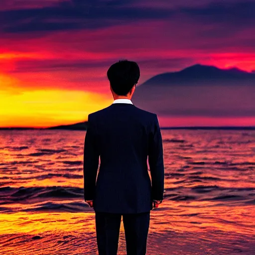 Prompt: japanese man in a suit standing in the ocean, sunset, album cover