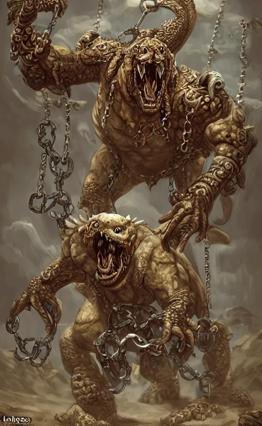 Image similar to bloated featherless large falcon-octopuss hybrid, dragon-like, large body, angry, chained up, chains, world of warcraft art style, wow cinematic cutscene, sand, desert ruins, lovecraftian, dnd, eldritchpunk, ink sketch by mark Harrison