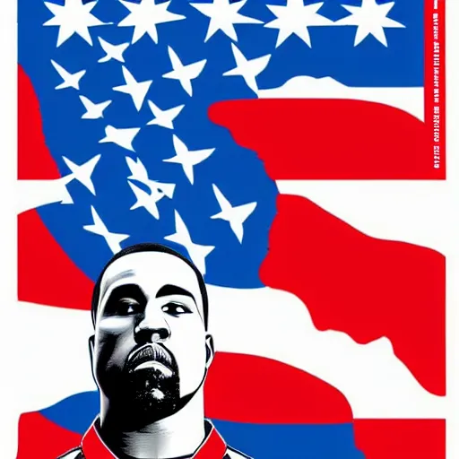 Image similar to Russian Propaganda Soviet illustrated poster of Kanye West as President standing in front of a USA America flag