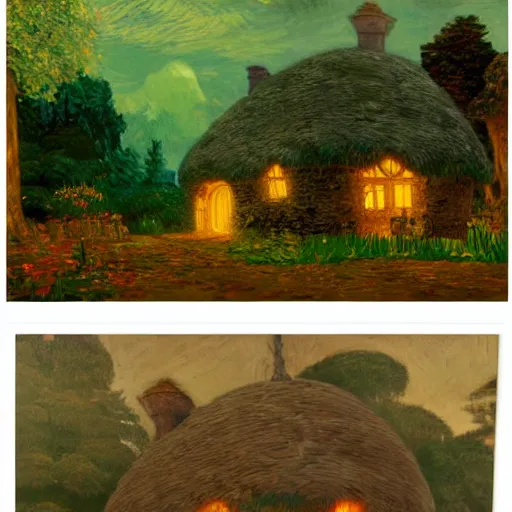 Prompt: mysterious detailed painting of a cozy english cottage in the woods at night, surrounded by giant glowing mushrooms, in the style of studio ghibli and moebius and claude monet and edward hopper and vincent van gogh