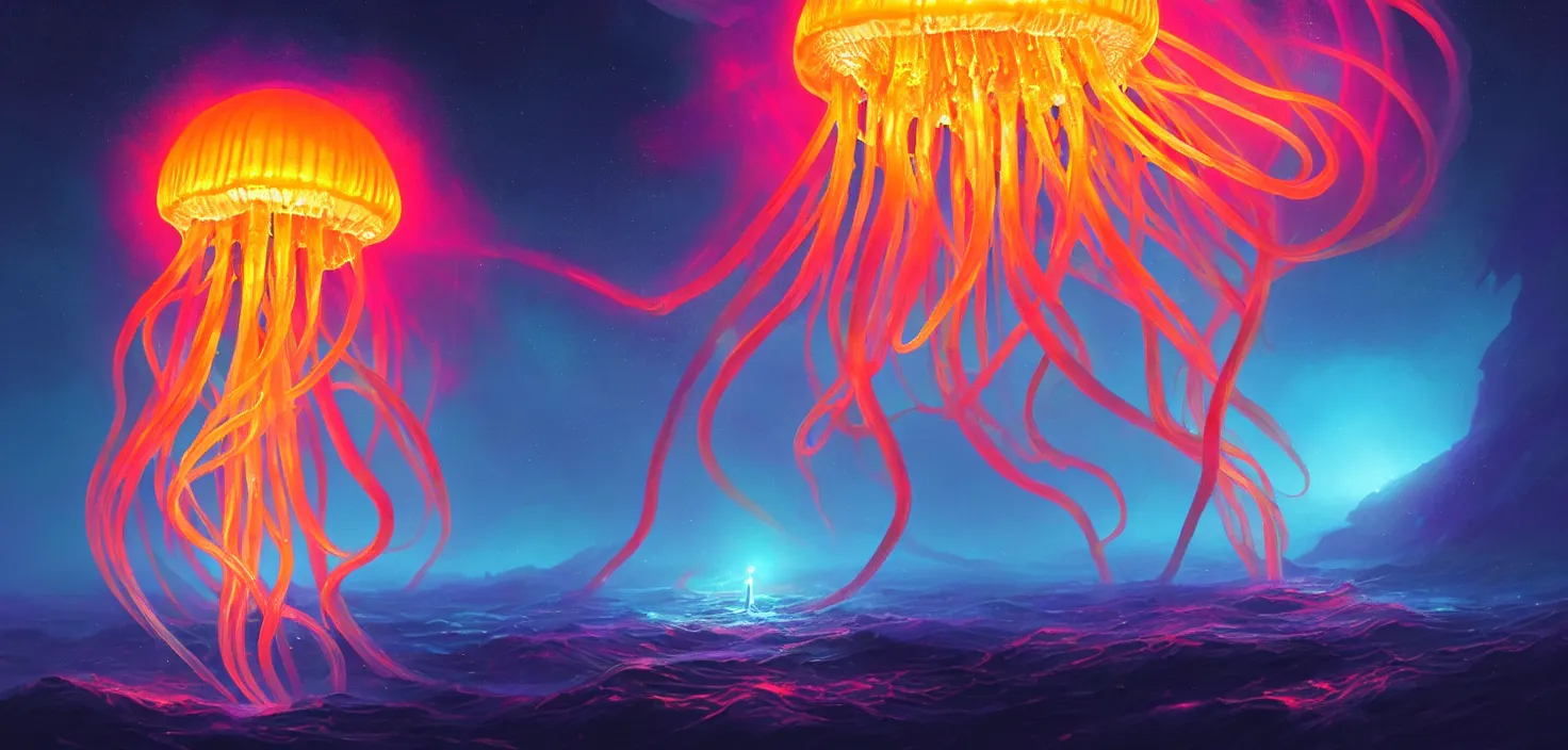 Prompt: glowing jellyfish swim deep in blue sea cosmos. medusa neon jellyfish fantasy in space cosmos among stars and universe, detailed, concept art, low angle, high detail, warm lighting, volumetric, godrays, vivid, beautiful, trending on artstation, by jordan grimmer, huge scene, grass, art greg rutkowski