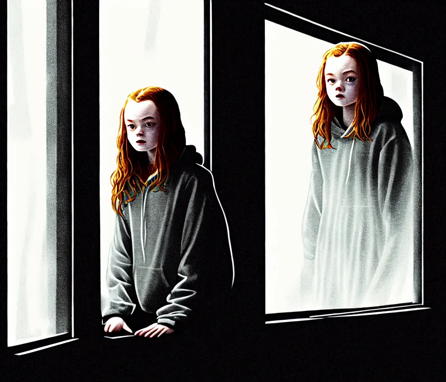 Prompt: sadie sink in hoodie sits on windowsill, knees tucked in | rain falls at night : storyboard, scifi cyberpunk. by saul bass, gabriel hardman, joe alves, j. todd anderson. cinematic atmosphere, detailed and intricate, perfect anatomy