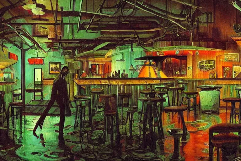 Prompt: scene from louisiana swamps, bar, neon cross, voodoo, artwork by tim eitel