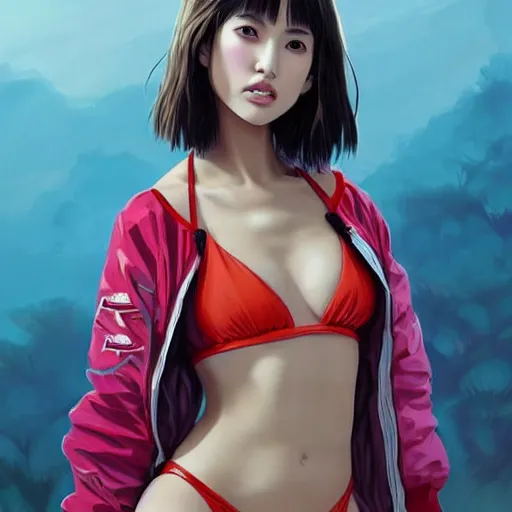 Image similar to a beautiful young japanese natalie portman alluring gravure model, stylized concept art, wearing elaborate oversized designer bomber jacket and one piece bikini, bulky bomber jacket with mesoamerican patterns, mesoamerican native street fashion, princess mononoke, painted by ilya kuvshinov aesthetic, gorgeous, stunning, alluring, attractive, artstation, pinterest, digital art
