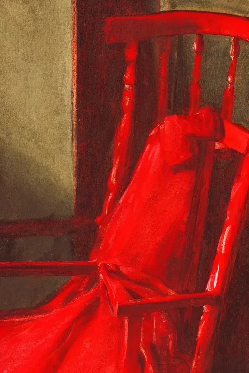 Image similar to an empty red dress laid across a chair in a dark victorian era room. in the style of american impressionism painting.