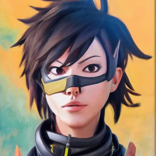 Image similar to oil painting of tracer overwatch in a field wearing spiked collar around neck, in style of steve henderson, wearing black choker, expressive face, detailed face, detailed eyes, full body, feminine face, tracer overwatch,