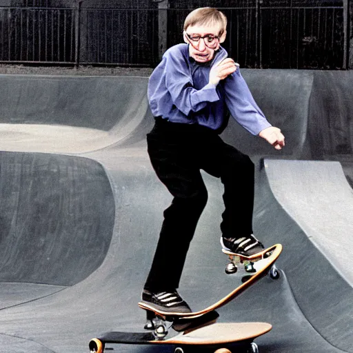 Image similar to Stephen Hawking doing tricks at a skate park