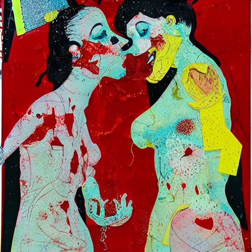 Image similar to two lobster women kissing at a carnival, mixed media collage, retro, paper collage, magazine collage, acrylic paint splatters, bauhaus, abstract claymation, layered paper art, sapphic visual poetry expressing the utmost of desires by jackson pollock