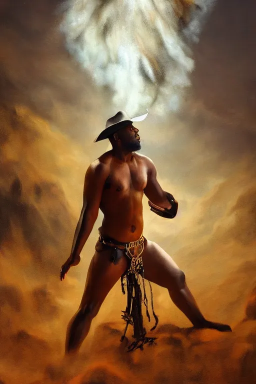 Prompt: a beautiful dramatic epic painting of a thicc black man | he is shirtless and wearing a cowboy hat and leather harness | background is a dust cloud | homoerotic, highly detailed, dramatic lighting | by Mark Maggiori, by William Herbert Dunton, by Charles Marion Russell | trending on artstation